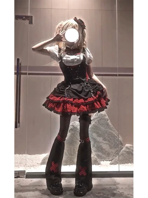Creamy - Midnight Idol - Black-and-Red Four-Piece Lolita Set with Plaid Ruffles