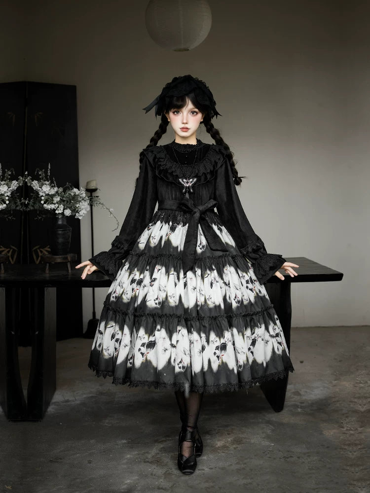 With PUJI - Dead Leaf Butterfly - Gothic Lolita JSK & OP Dress Set, Butterfly Print detail view 3