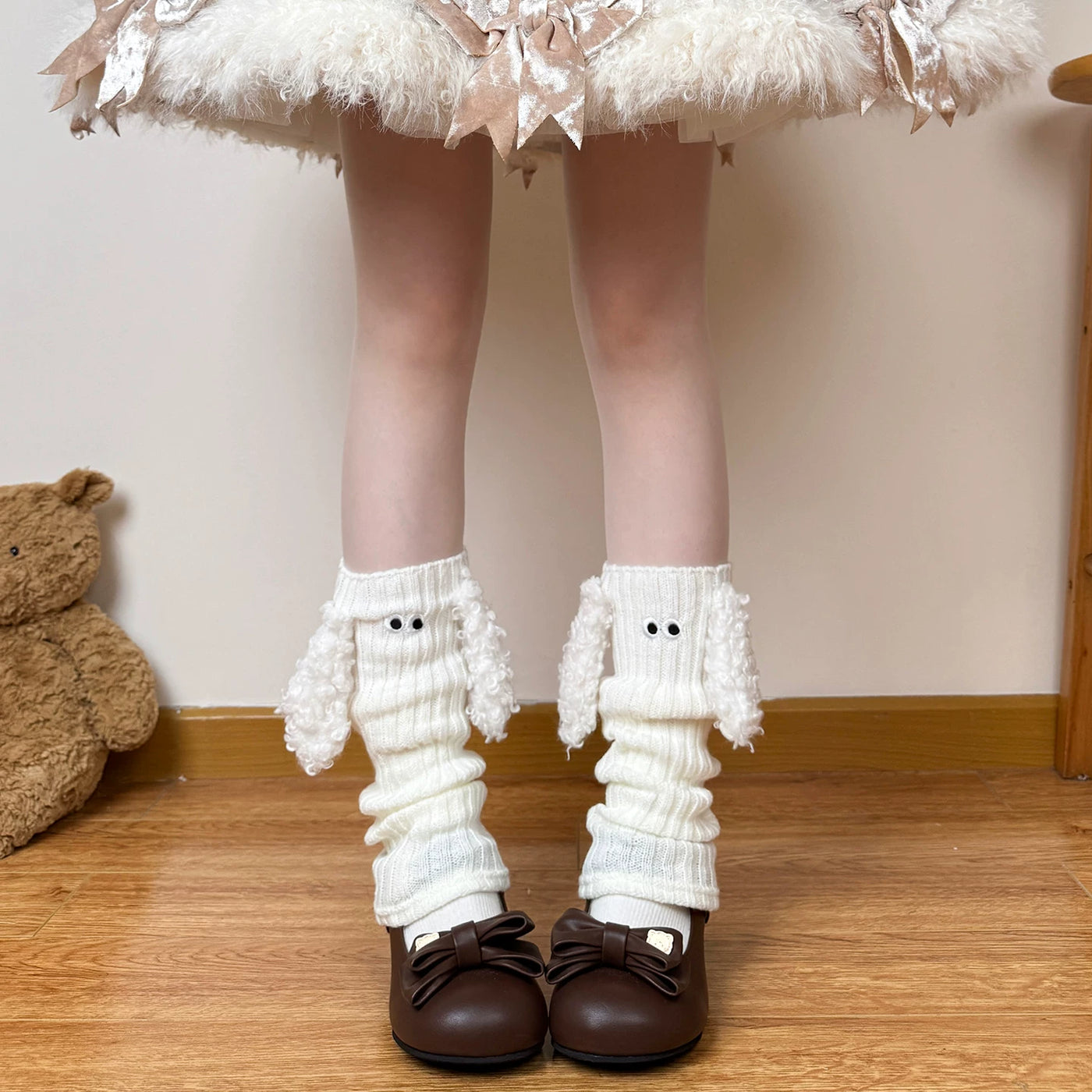 Chubby Bear Tales - Round-Eyed Puppy - Ribbed Leg Warmers with Plush Trim