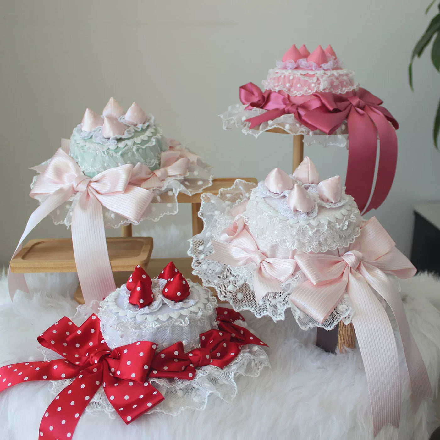 Deer Girl Handmade - Strawberry Angel Cake - Mini Top Hat with Ribbon Bows