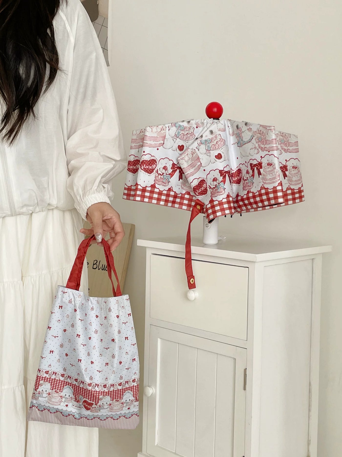 Independent Brand - Little Sheep - Printed Lolita Parasol with Red Plaid Border