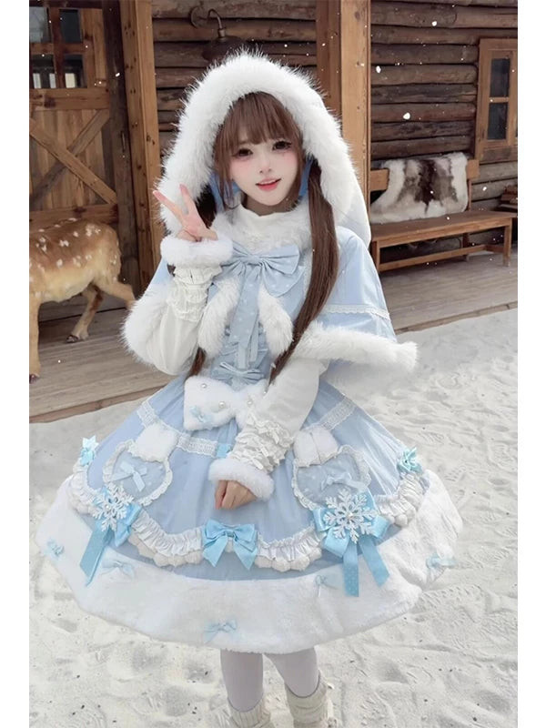 Creamy - Winter Cape - Lolita Dress Set with a Fluffy-Trimmed Cape