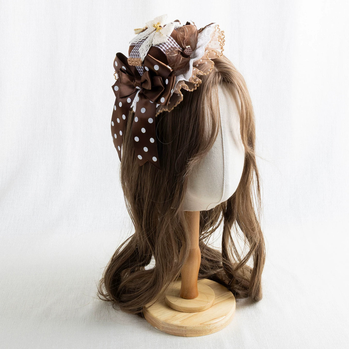 Lightbound Narrative - Chocolate Dot Bear-Ear - Headwear with Lace and Polka-Dot Bows