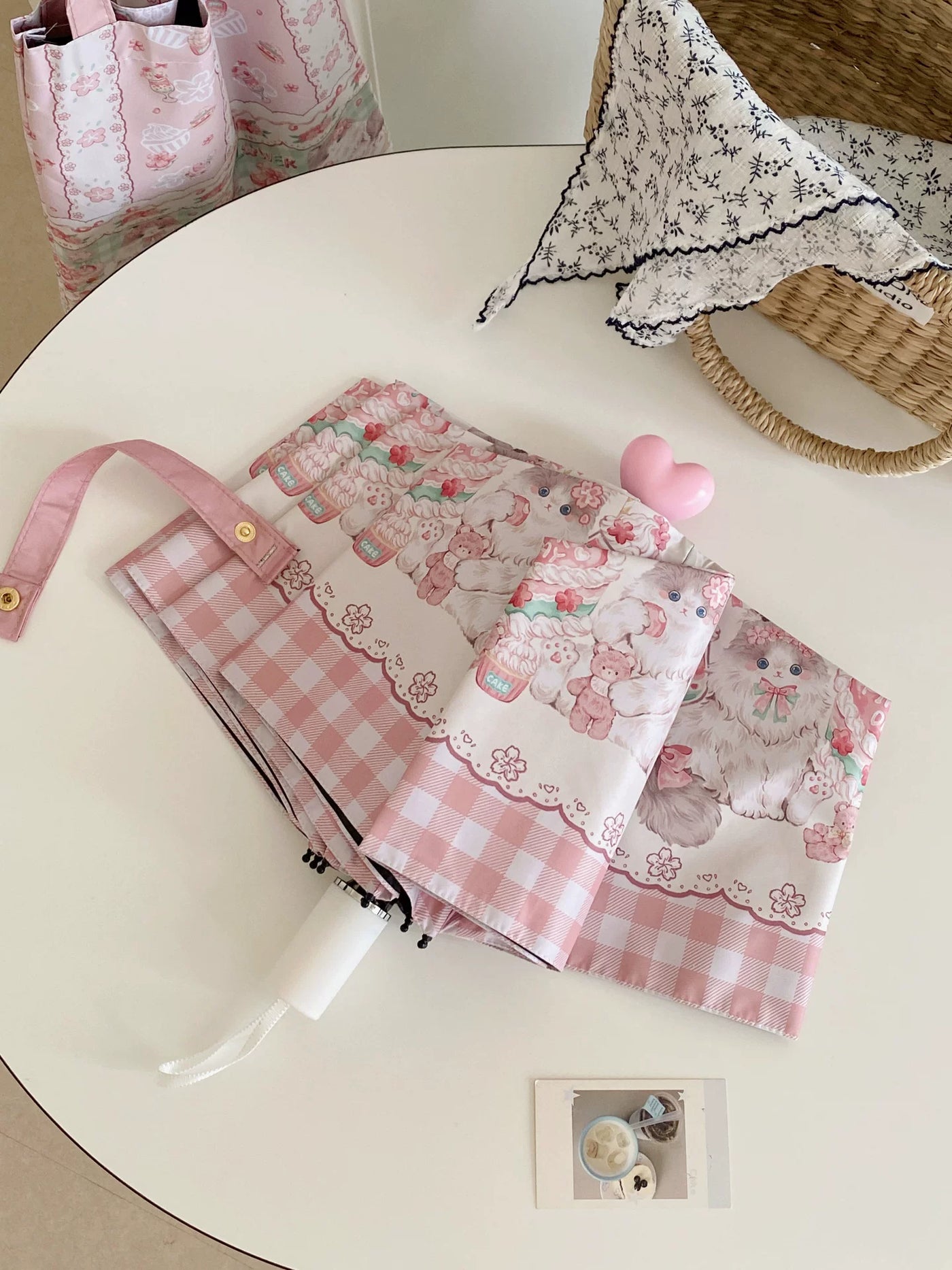 Independent Brand - Cherry Blossom Cat and Lamb - Cat motif sun/rain umbrella with manual and automatic options