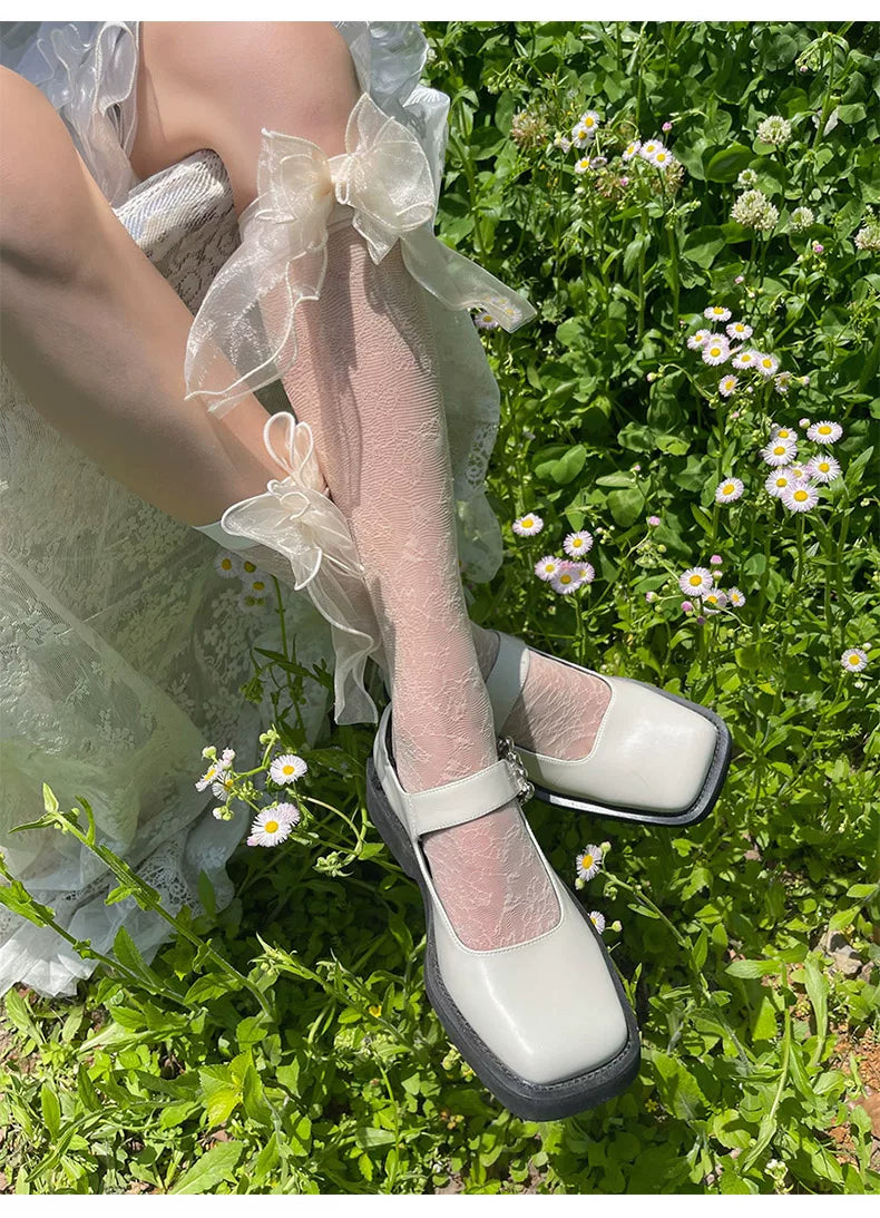 Sock Noble - Garden Ribbon - Mid-Calf Socks with a Floral Pattern and Sheer Bows