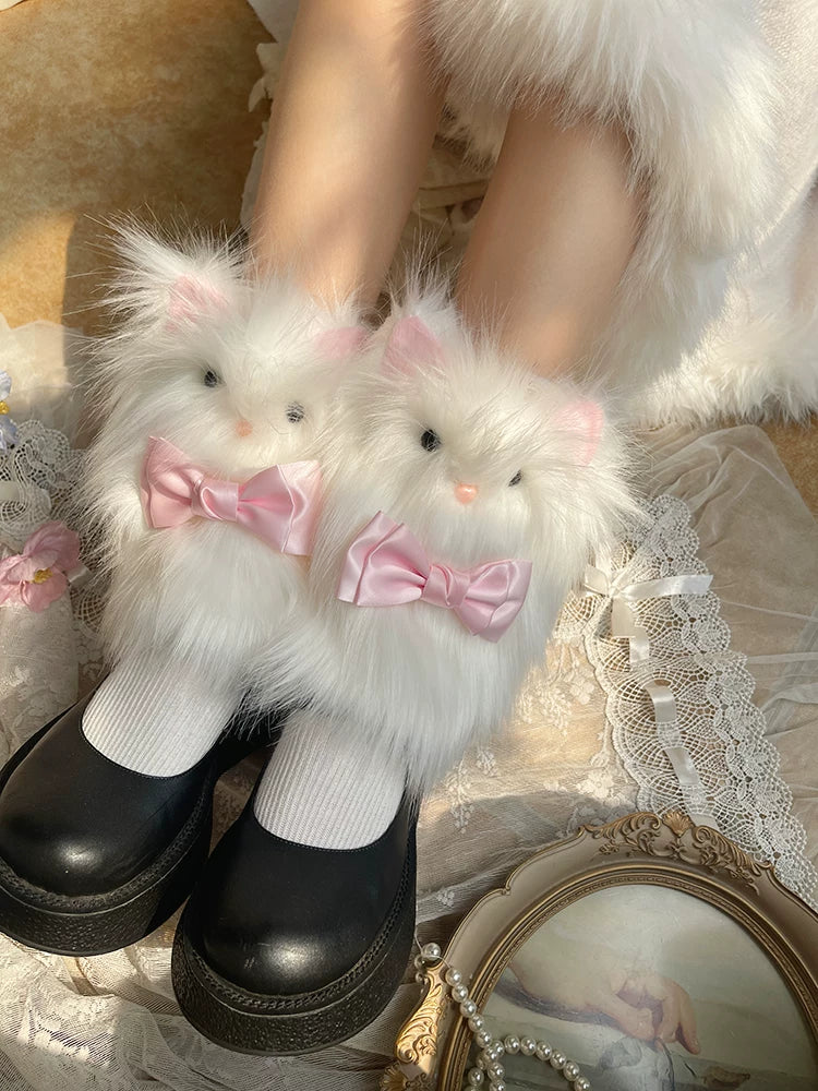Sock Noble - Pink-Eared Cat - Furry Leg Warmers with Pink Ears and Bow Accents