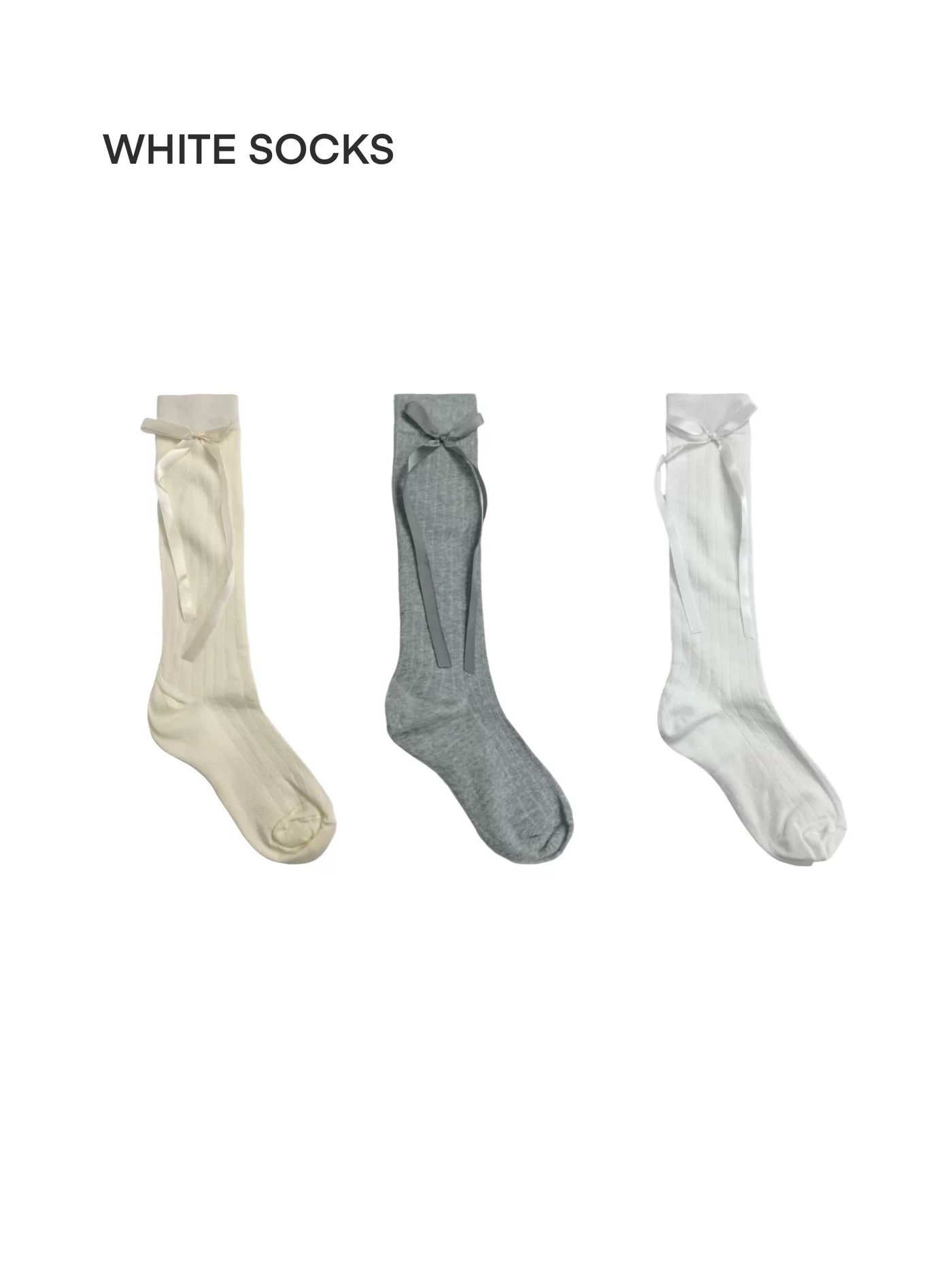 White Socks - Ballet Ribbon - Mid-calf socks with vertical ribbing and tie bows
