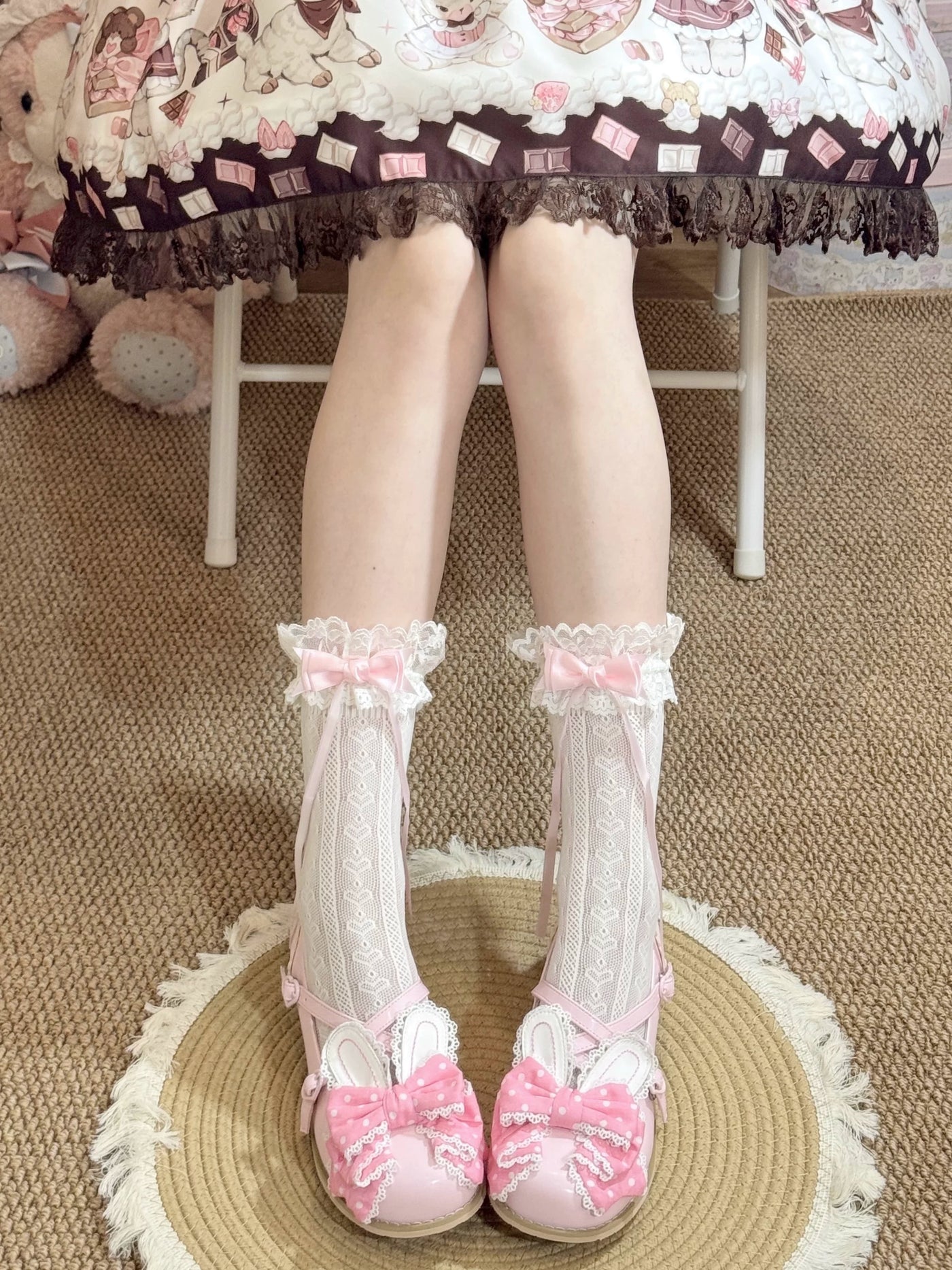 Fantasy Doll - Candy Ribbon - Lace Mid-Calf Socks with Ribbon Bows