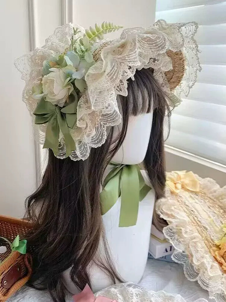 Fantasy Doll - Green Garden Lace - Flat straw hat with floral trim