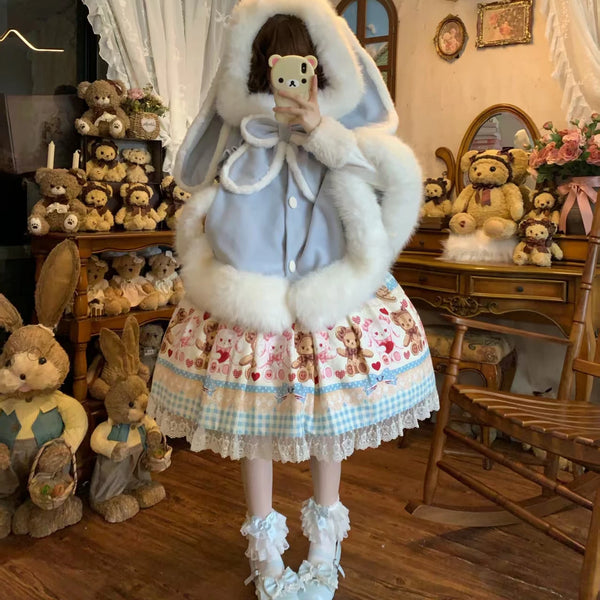 Thousand Wood lop-eared bunny cape in Blue, full supplier styling view.