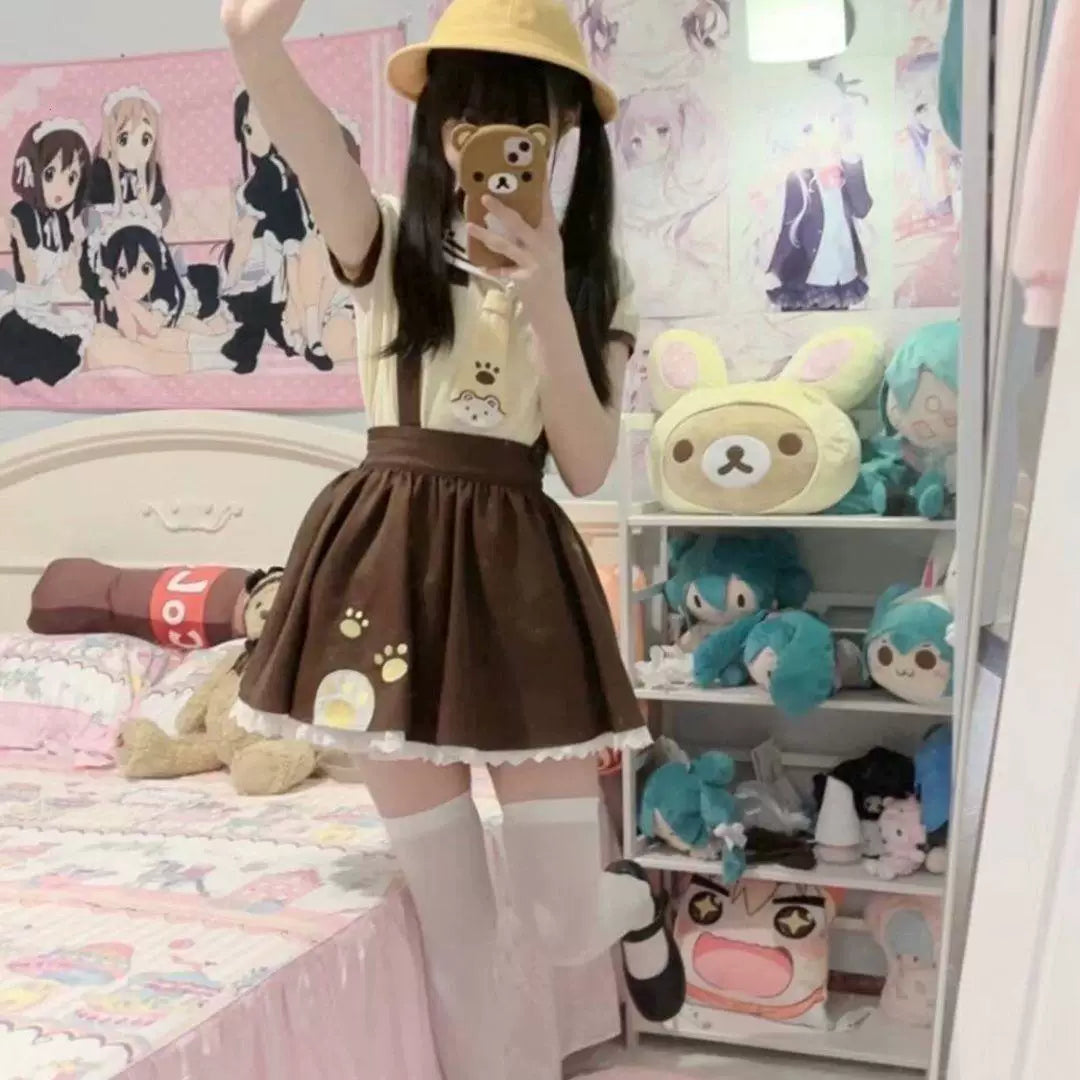 Sweetheart Dream Machine - White Bear Student - JSK Set with a Yellow Sailor Top and Coffee-Brown Suspender Skirt