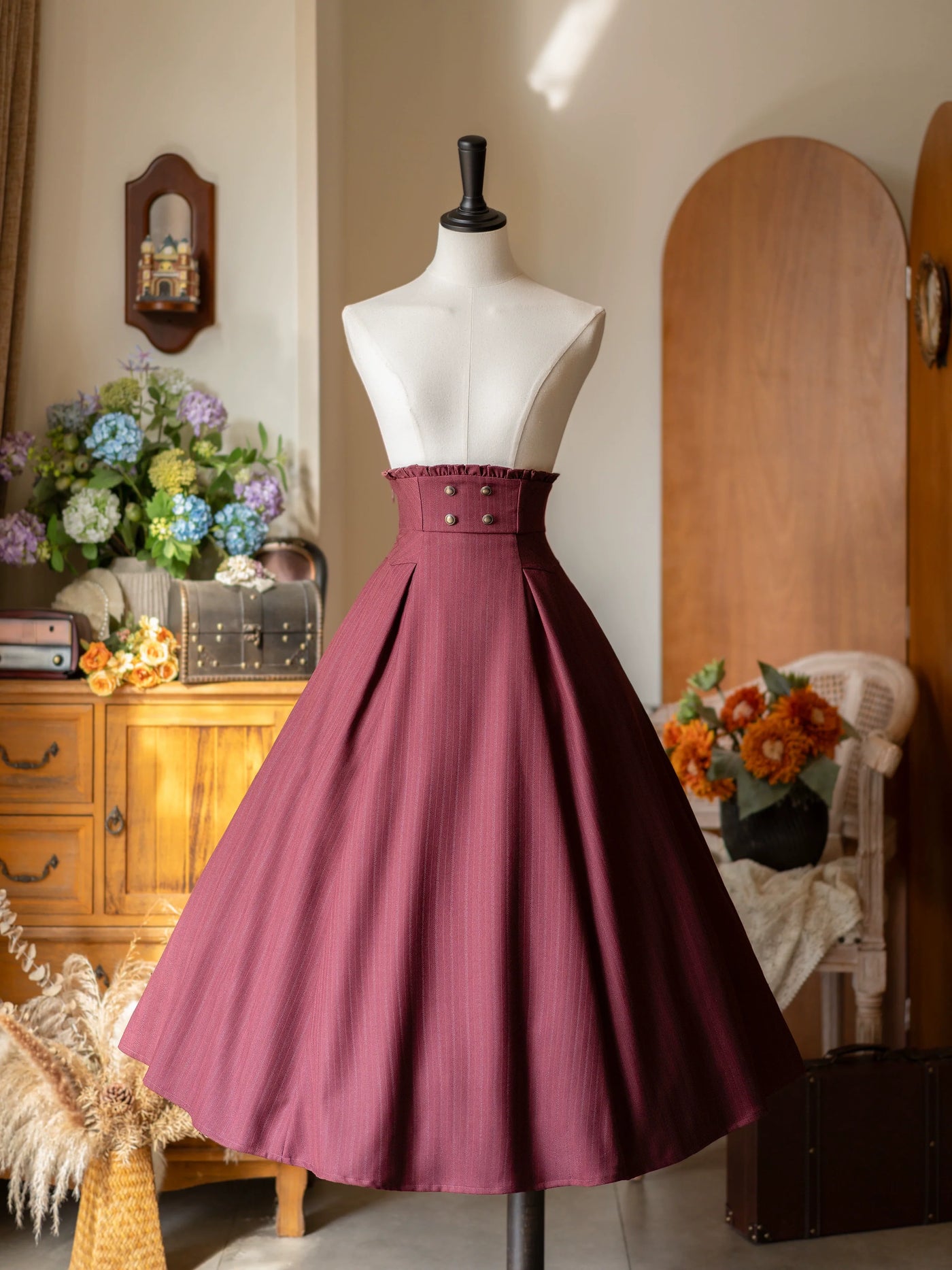 Forest Log - Classic Lolita Fishbone Striped Skirt, Side Pockets Burgundy S