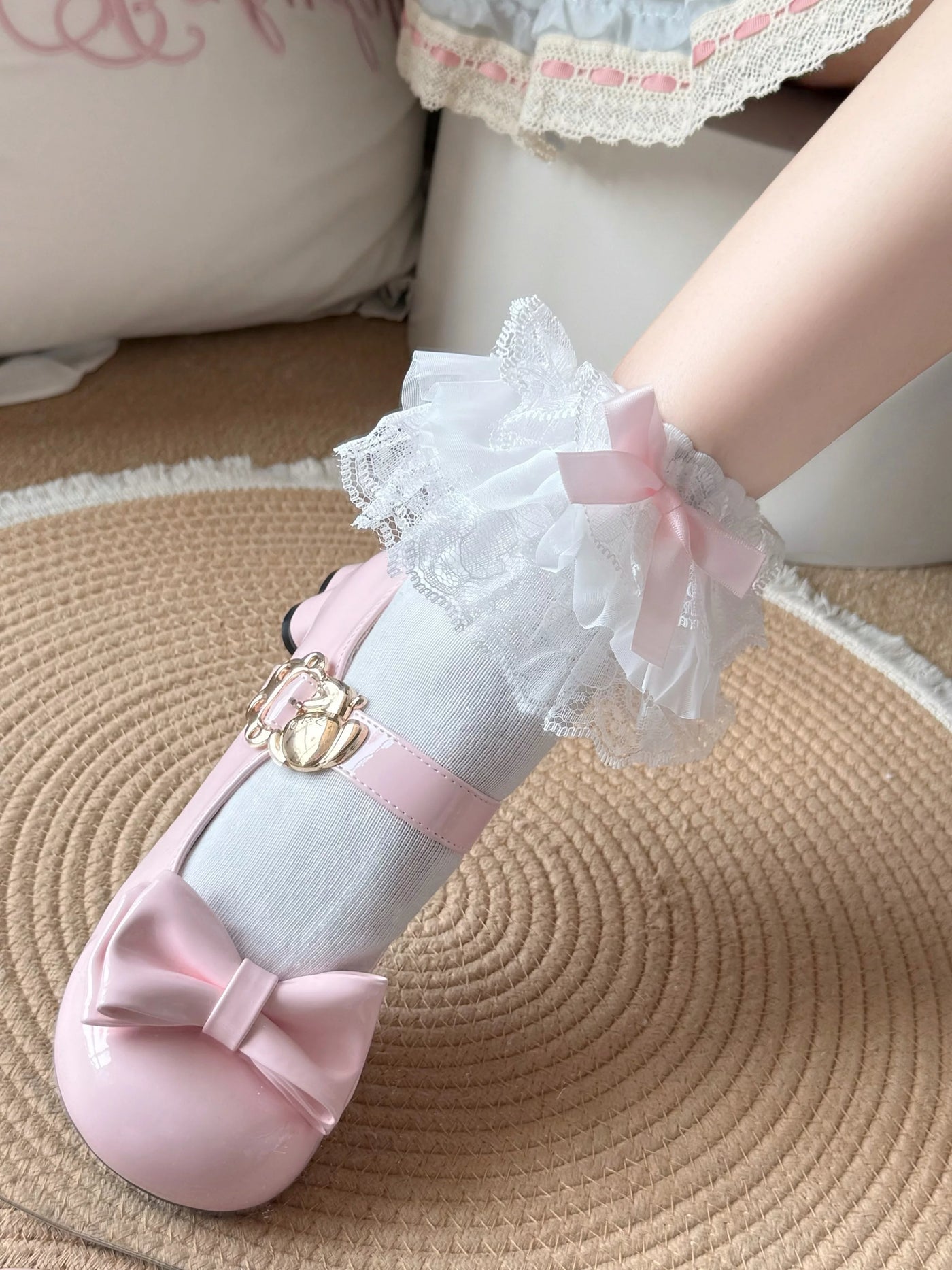 Fantasy Doll - Lace Bow - Mid-Calf Socks with Layered Lace Cuffs