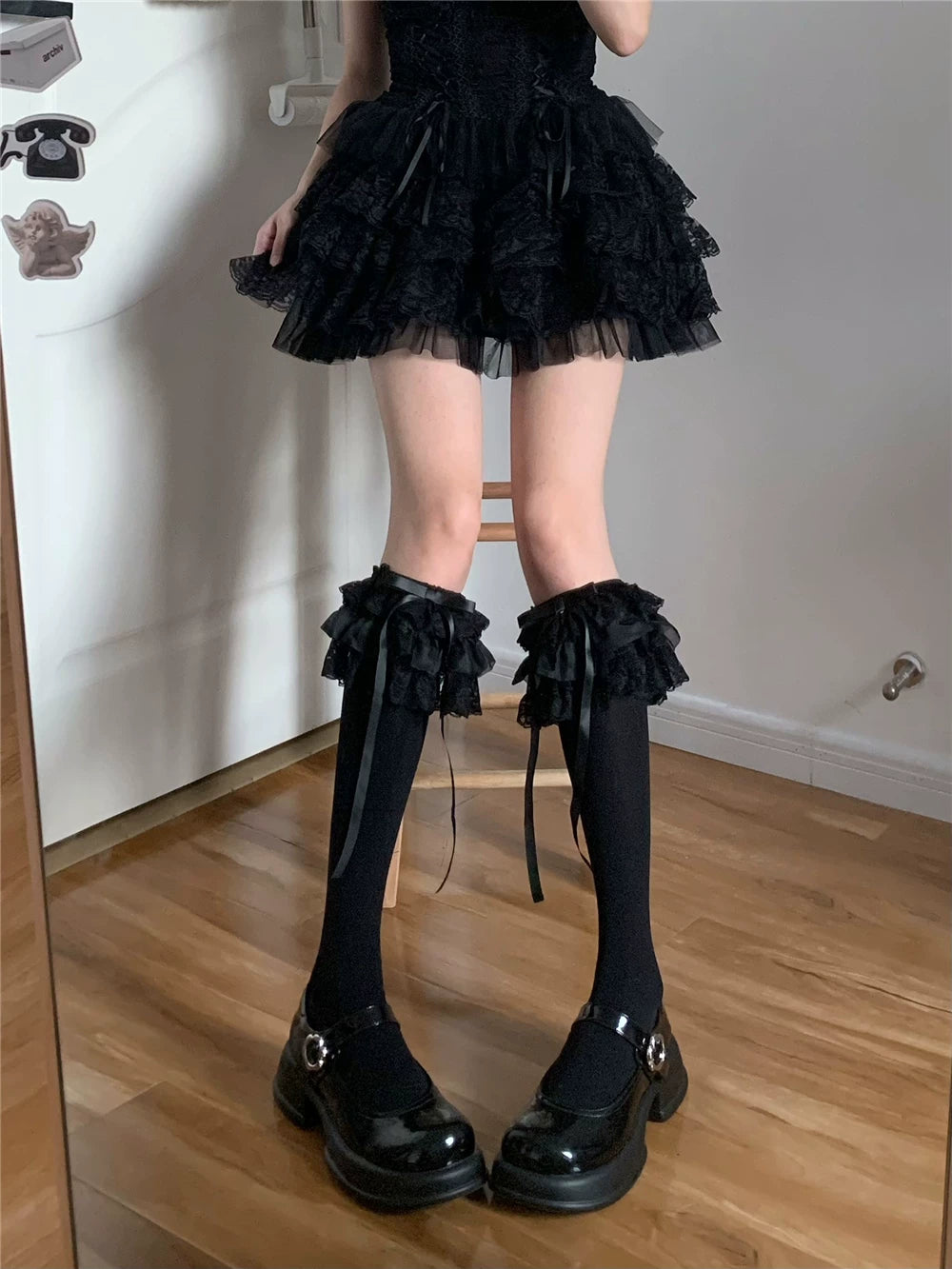 Fantasy Doll - Lace Bow Layering - Mid-Calf Socks with Lace Cuffs and Ribbon Ties