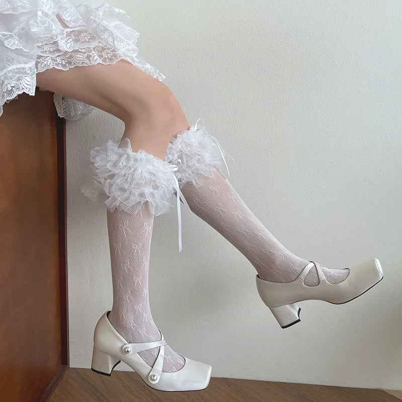 Sock Noble - Heart Lace Ruffle - Mid-Calf Lace Socks with Bow-Tied Cuffs