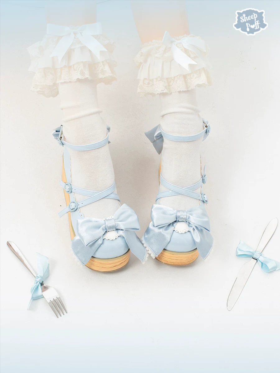 Sheep Puff Sheep Puff Cream Satin Platform Lolita Shoes featuring a satin finish and platform sole, displayed on a white background.
