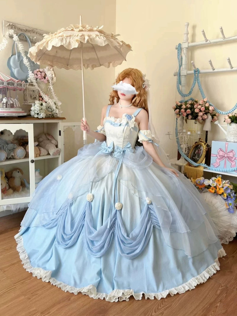 Emoji Dream - True Love's Kiss - Gradient blue sweet lolita one-piece