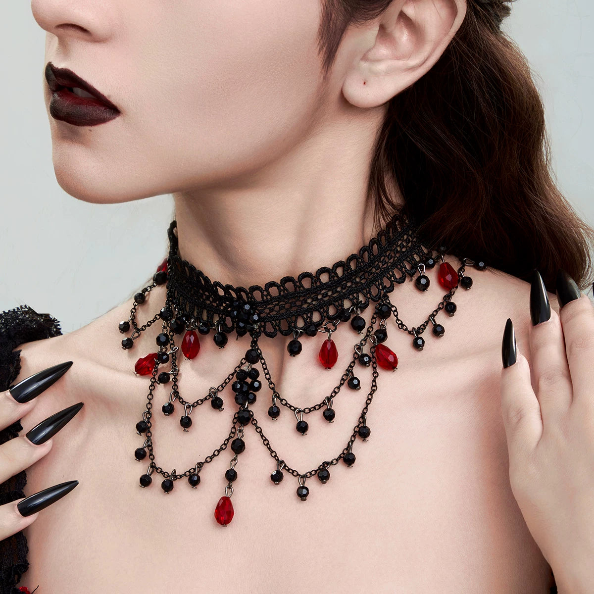 Independent Brand - Crystal Fringe - Black Lace Choker Necklace with Red Crystal Drops