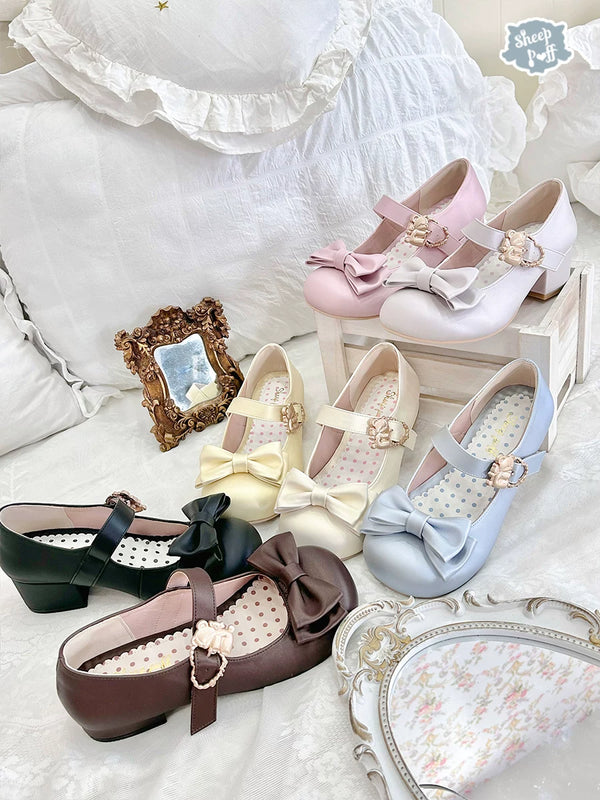 Sheep Puff Lolita Shoes featuring cute sheep puff and bear design, stylish shoes with playful, adorable details.