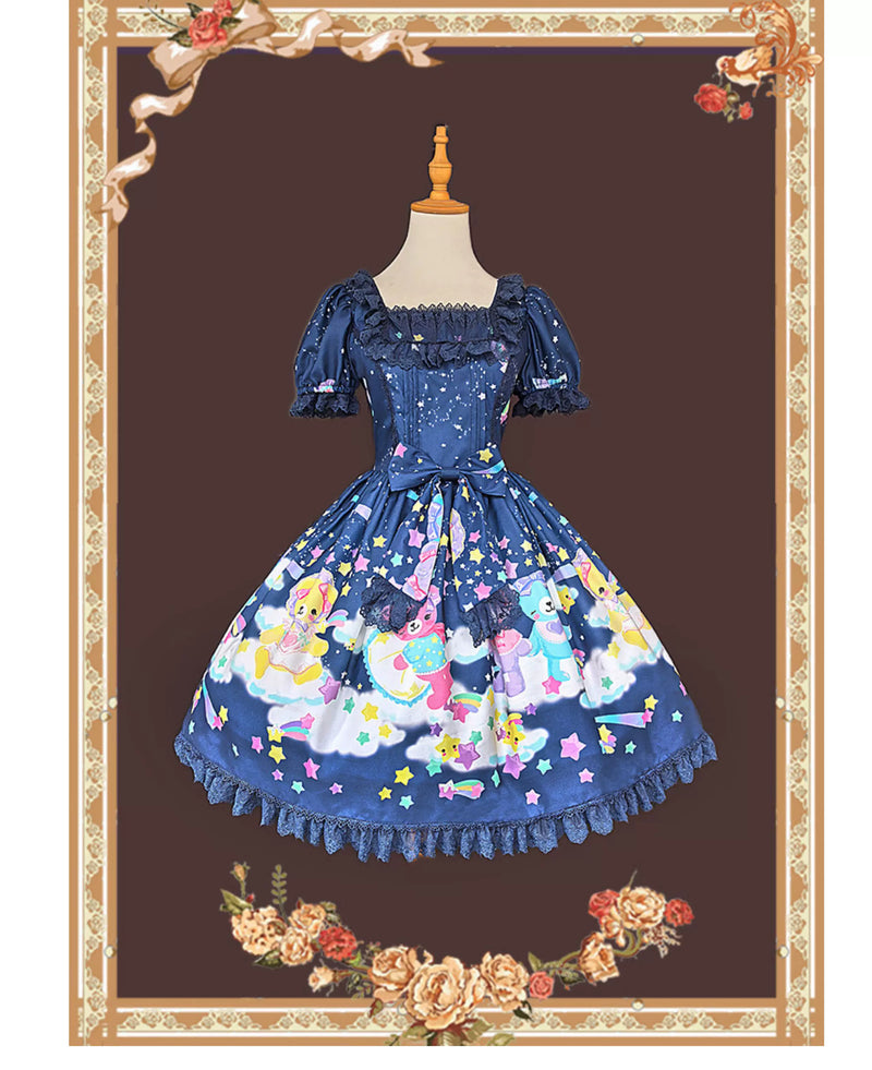 Sleepy Bear - Kawaii Lolita Bear and Star Printed Dress Dark Blue OP Only S Pre-order