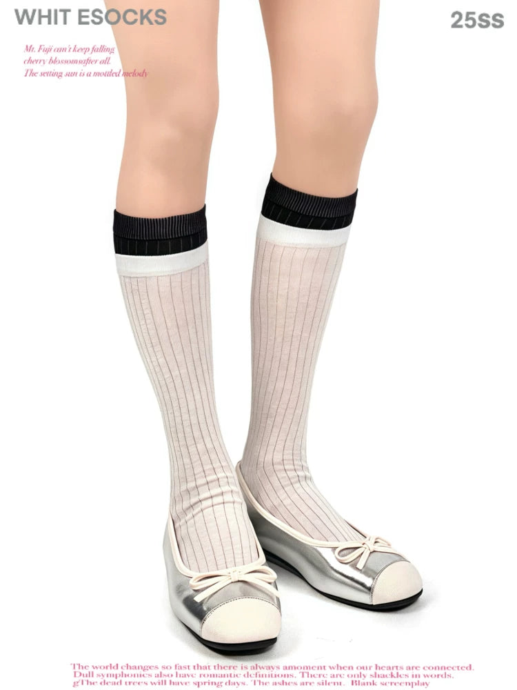 White Socks - Ballet Rib - Mid-Calf Socks with Double-Rib Contrast Cuffs