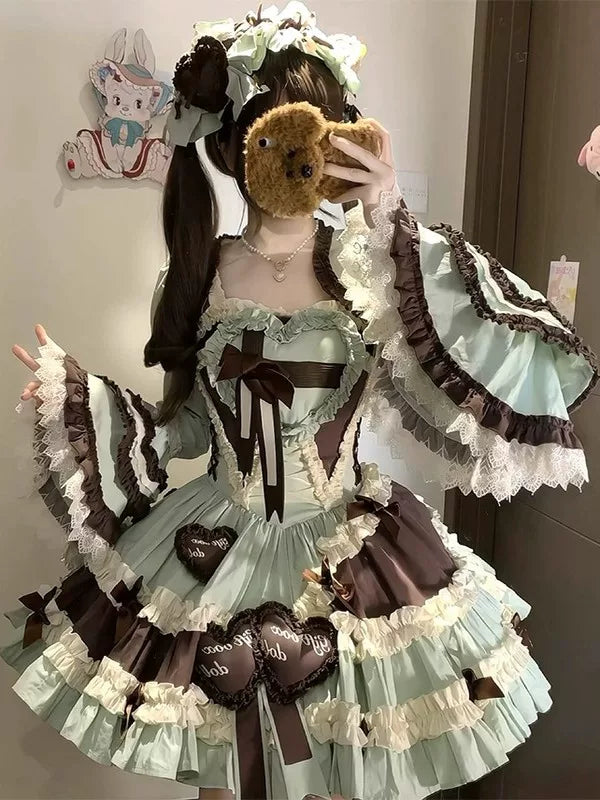 Creamy - Mint Chocolate - JSK Dress and Hime-Sleeve Vest Set with Layered Ruffles
