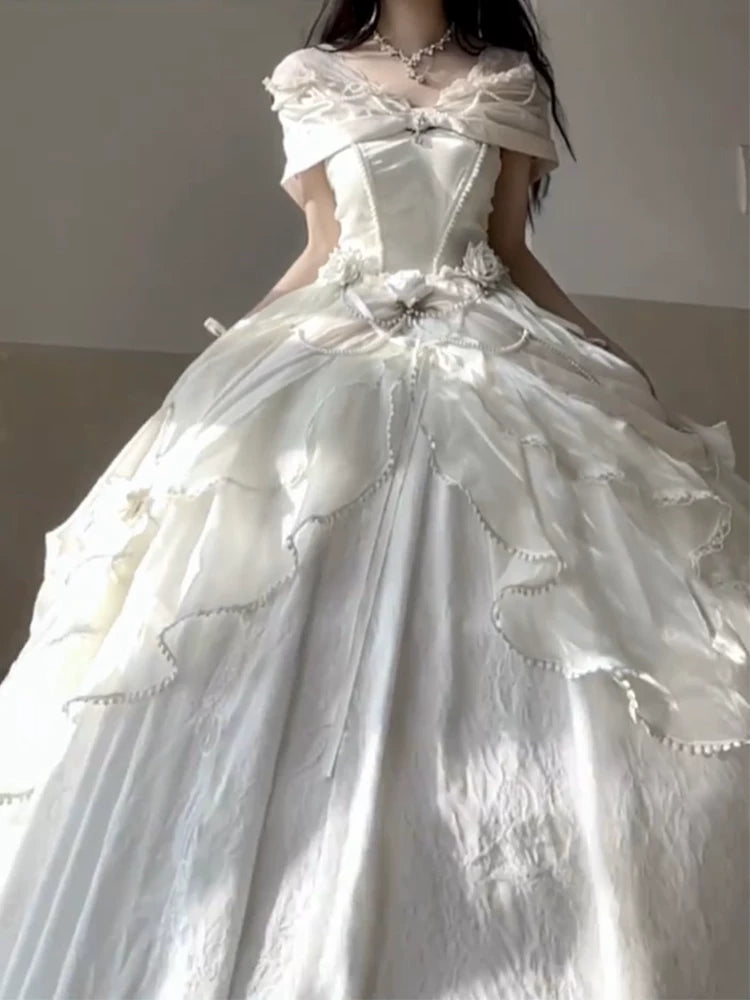 Model wearing champagne Flora Muse Rose Encounter lolita gown, side view