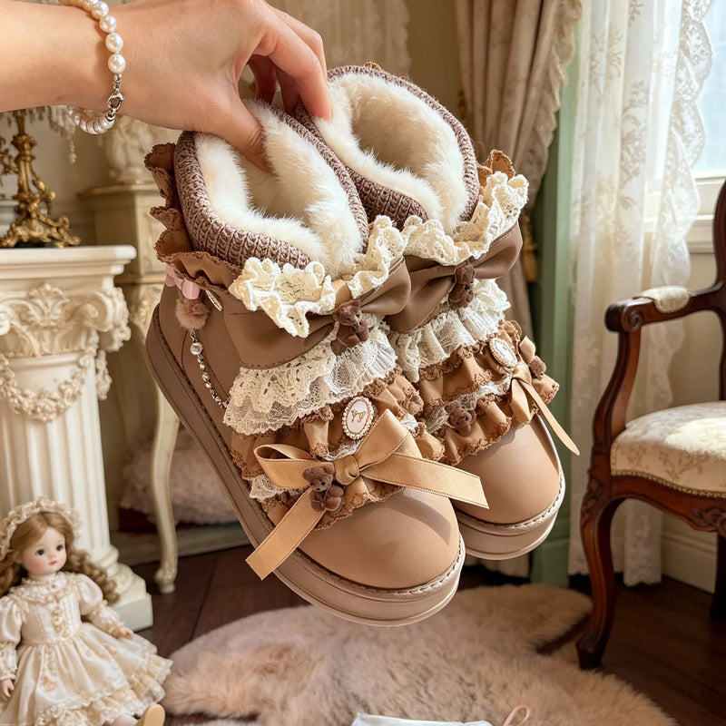 SwtCor Bow Thick-Sole Winter Lolita Boots — Light Brown