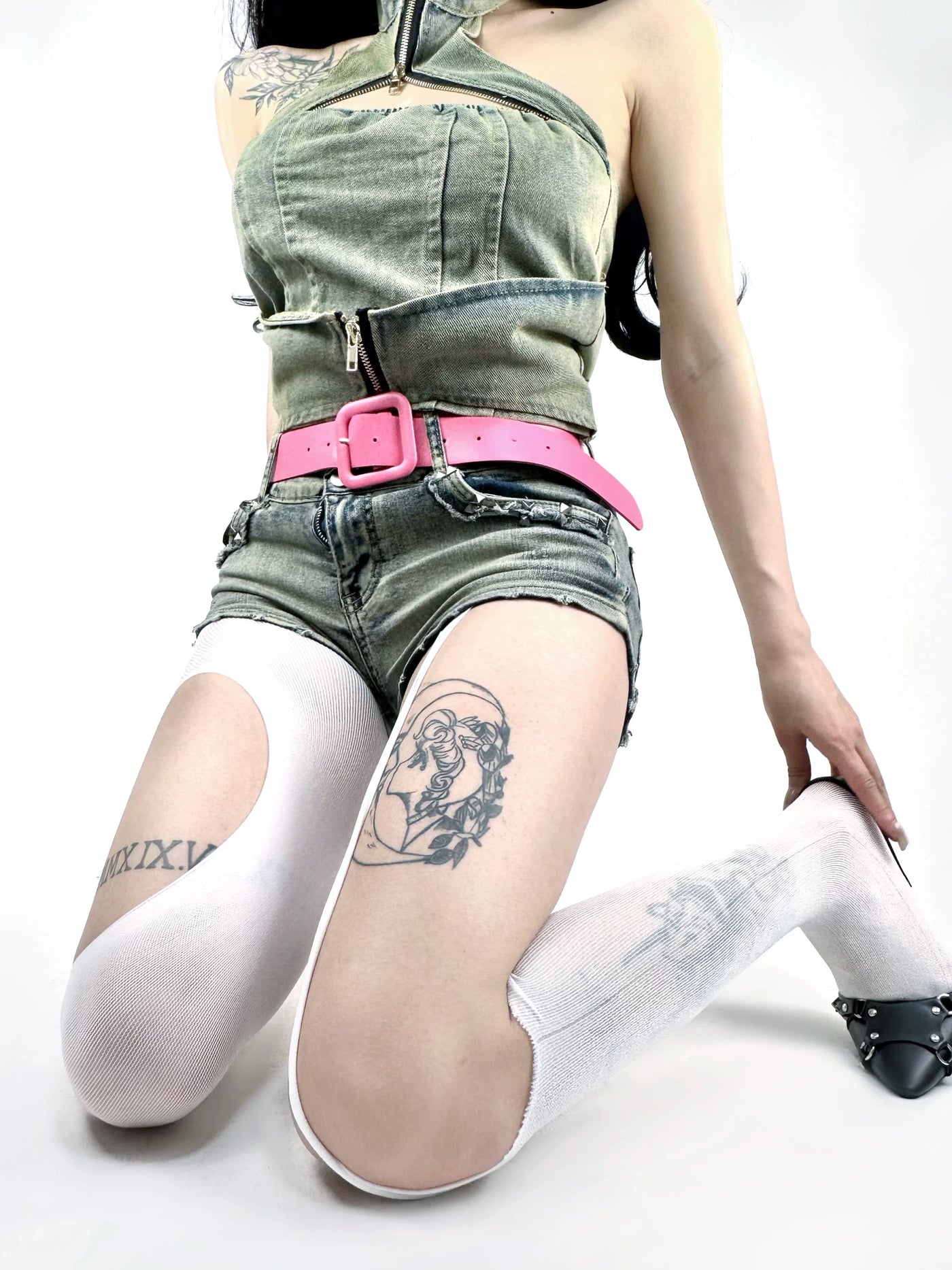 White Socks - Garter Cutout - Sheer cutout tights with integrated garter-style straps