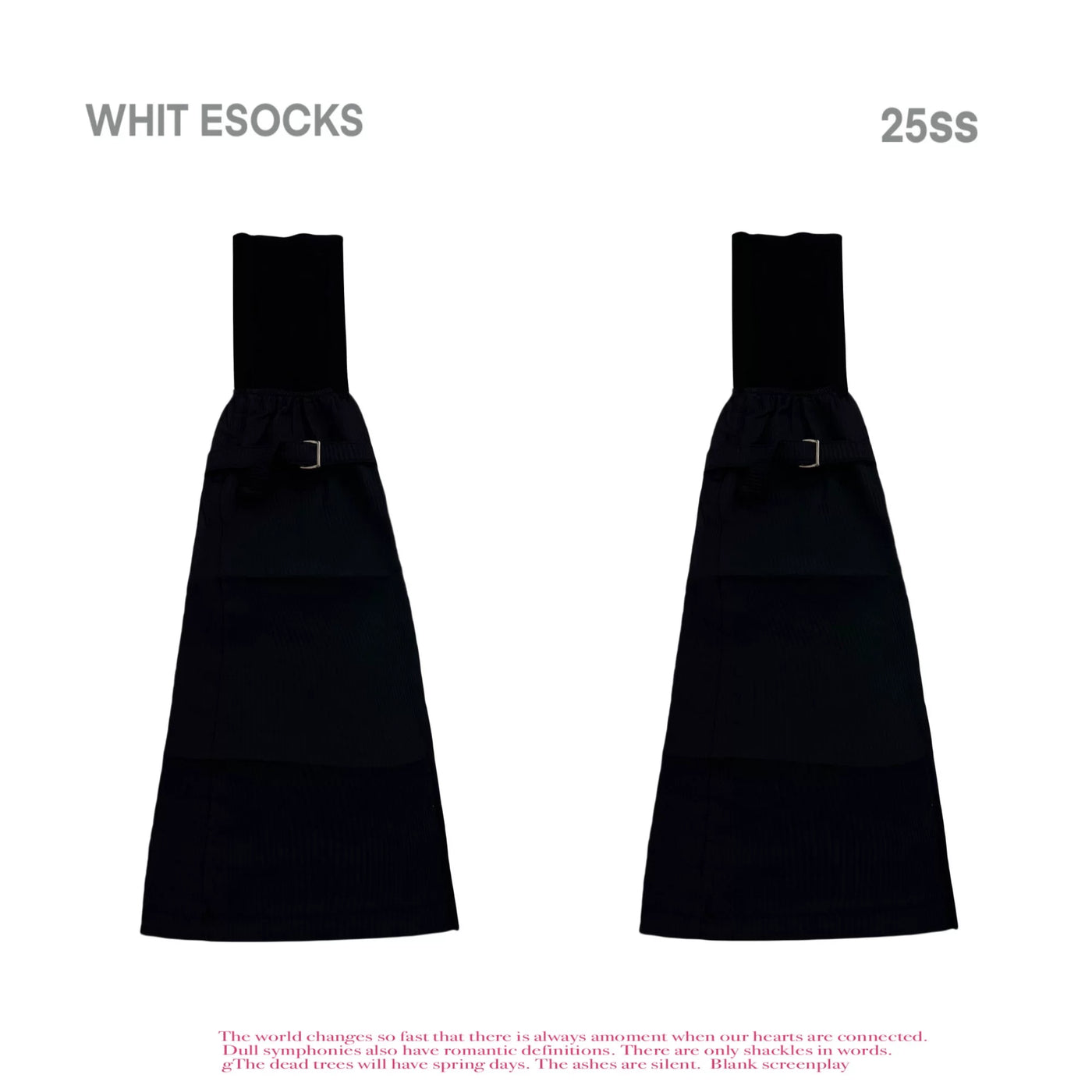 White and black ruched leg-warmer socks with metal buckle straps shown in a text-labeled product composite.