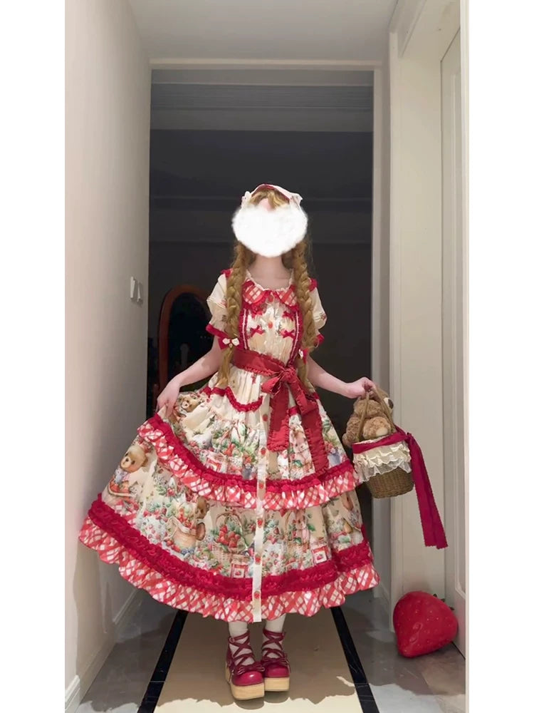 Dream Bunny - December Strawberry Field - Strawberry-Print One-Piece Dress with Red Gingham Ruffles
