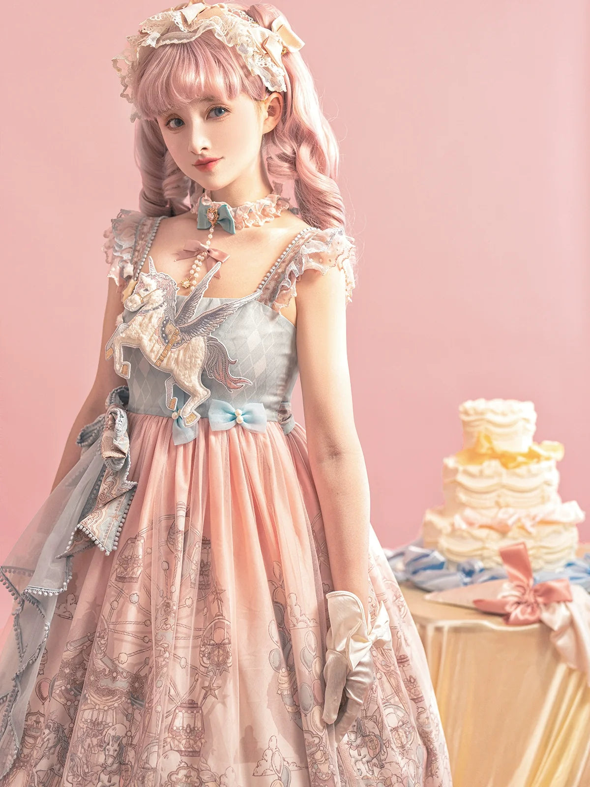 Designer's Gift - CloudPlay - Pastel Sweet Lolita JSK dress with carousel print and detachable waist bows - product detail 10