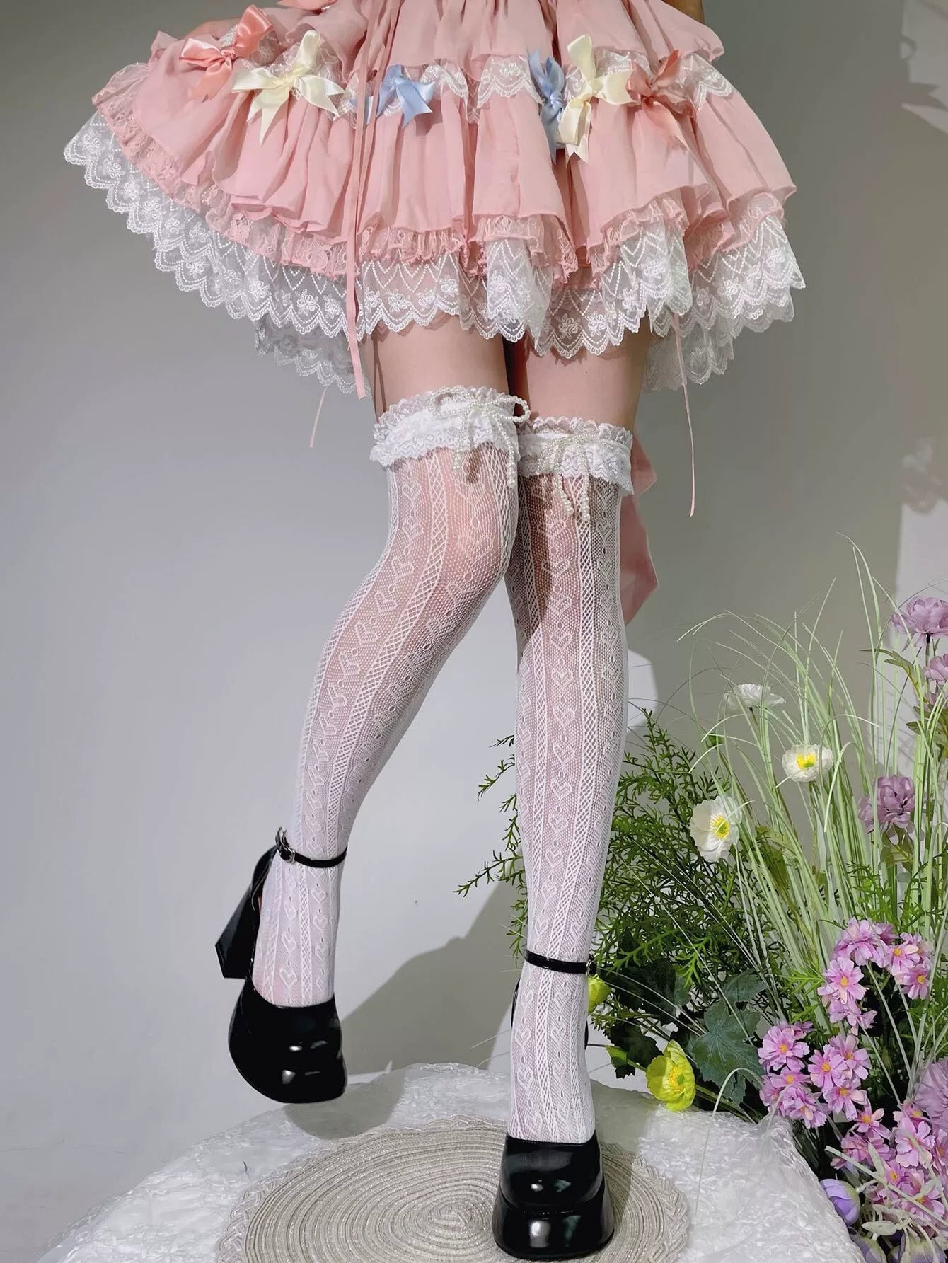 Lolita - Sweet Lolita - Over-the-knee socks with heart pattern knit