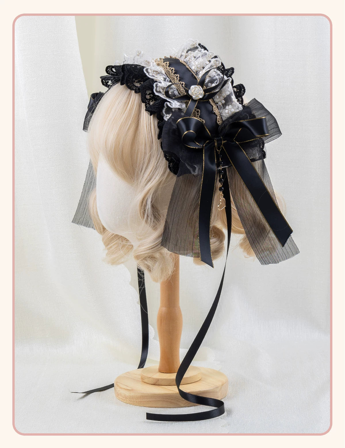 Stardust Rose - Night Banquet - Black-and-Gold Lolita Headwear with Lace and Bows