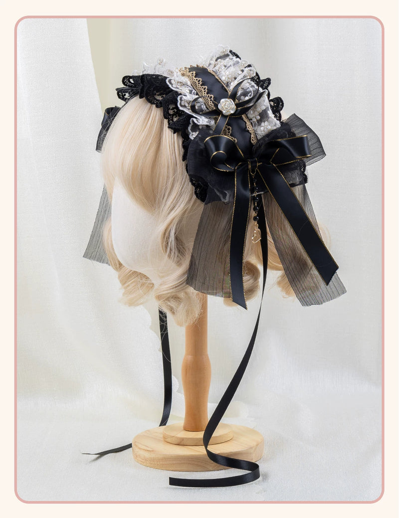 Stardust Rose - Night Banquet - Black-and-Gold Lolita Headwear with Lace and Bows