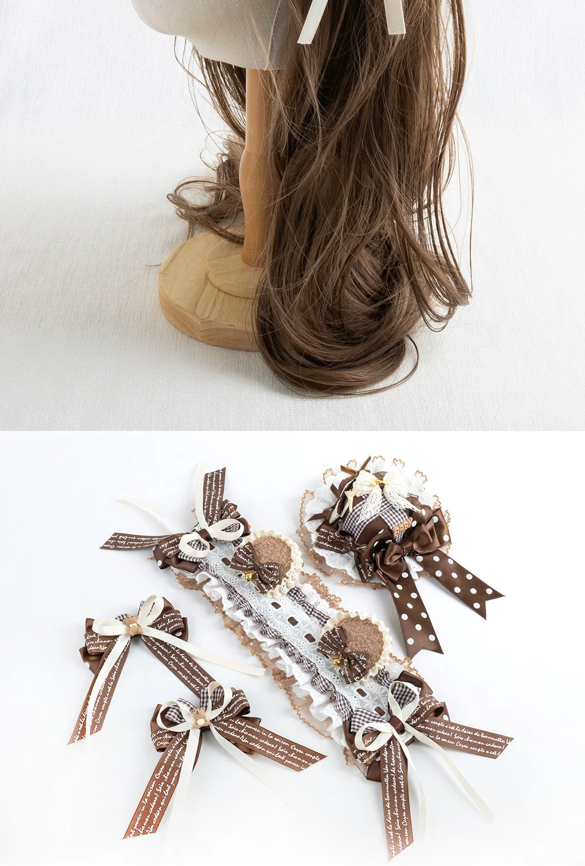 Lightbound Narrative - Chocolate Dot Bear-Ear - Headwear with Lace and Polka-Dot Bows