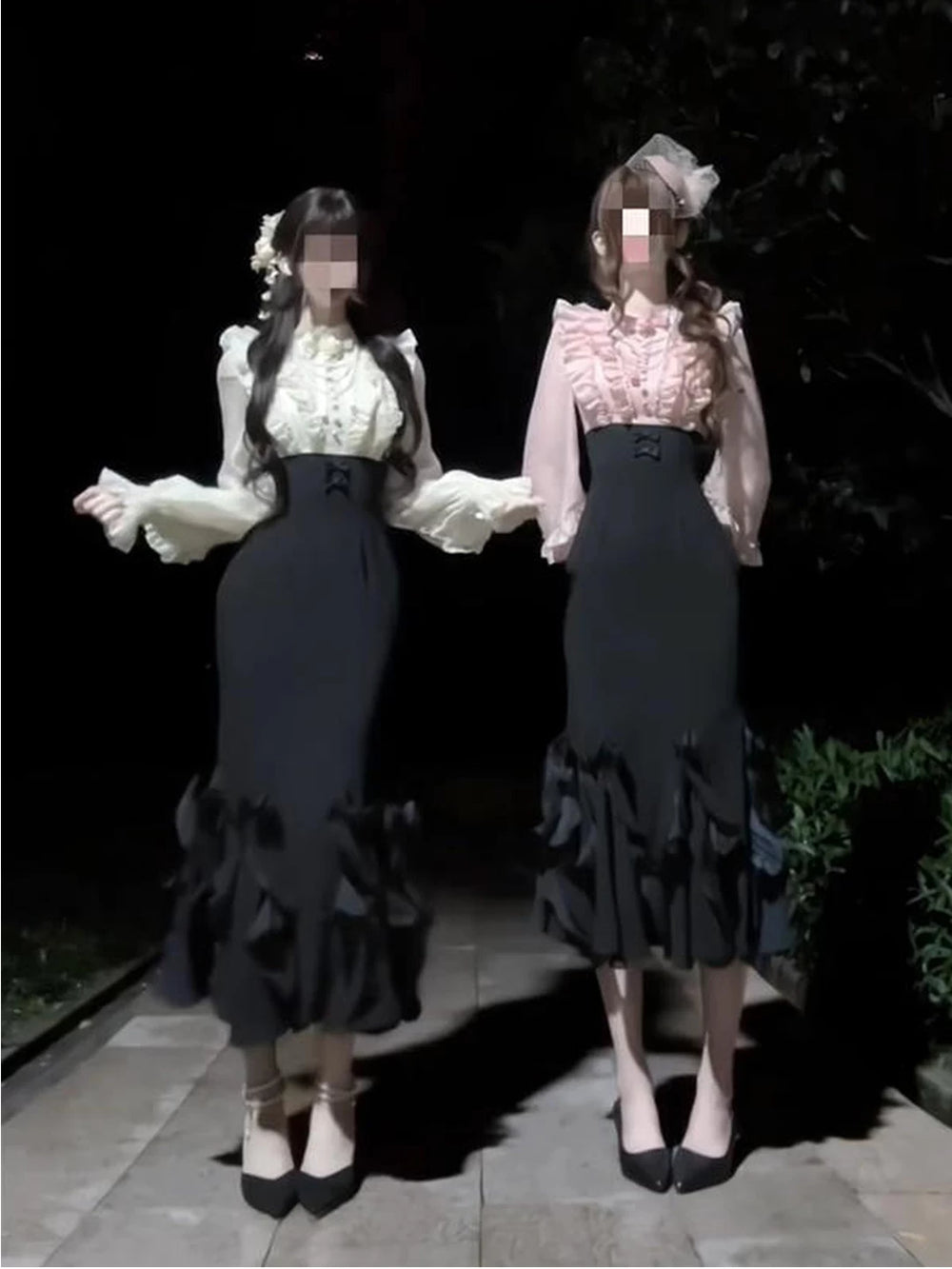 Two models wearing faux-two-piece long OP dresses in white and pink.