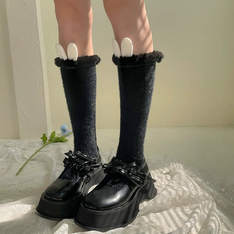 Sock Noble - Rabbit-Ear Warmers - Fuzzy Mid-Calf Scrunch Socks with Bunny-Ear Cuffs