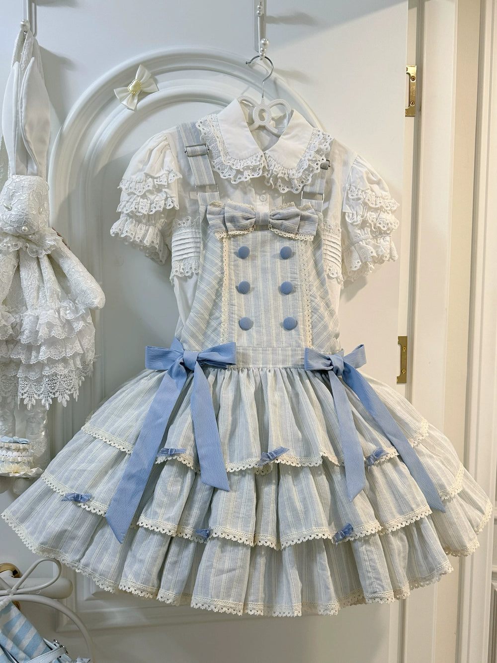 White Tea Story Mian Mian Bing Lolita Jumper Skirt in sea salt stripe, front view