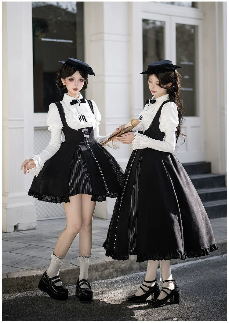 With PUJI - Monochrome Sonata - Classic Lolita Bust-supporting JSK Set, Piano Inspired