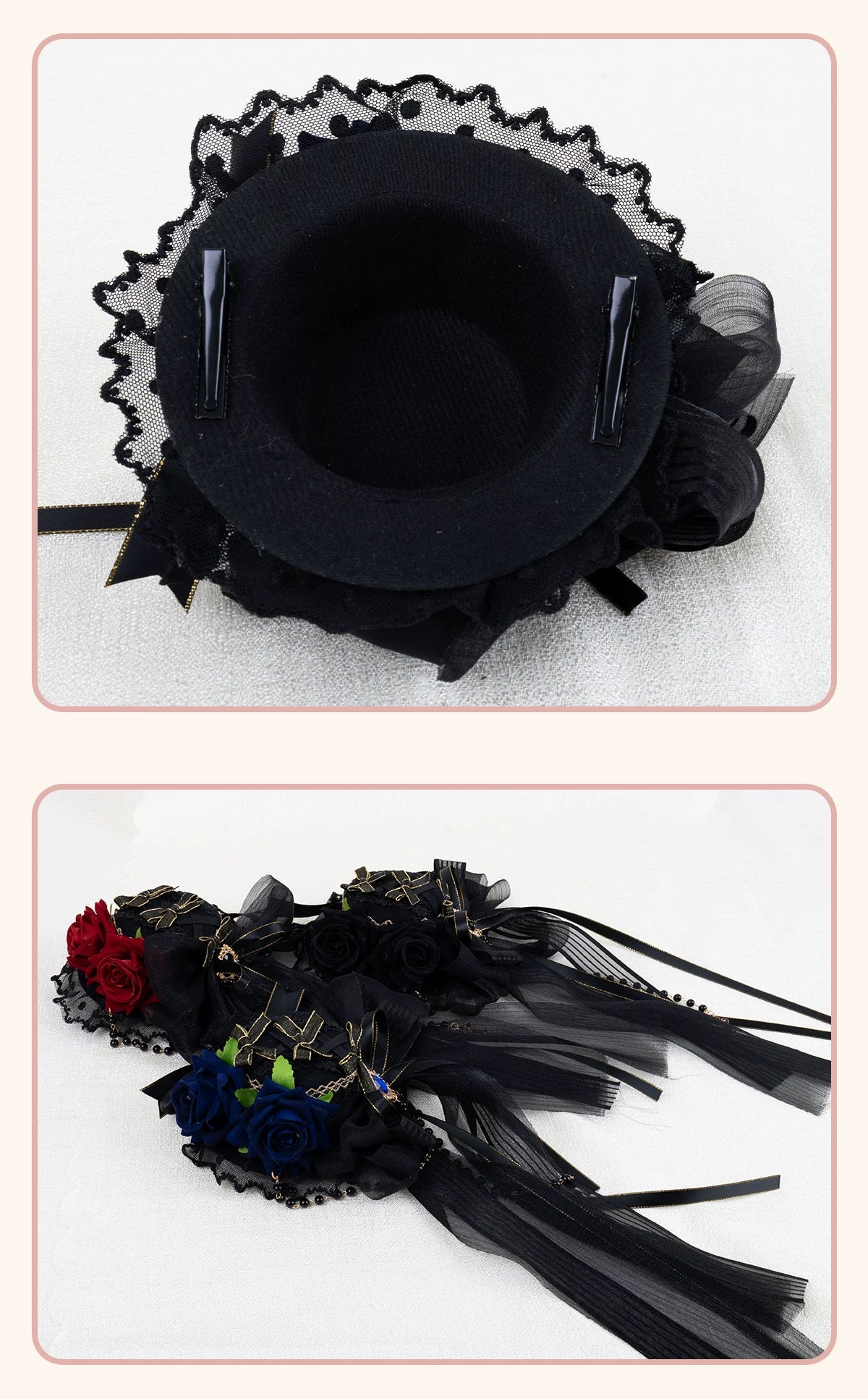 Stardust Rose - Dark Gothic - Black-and-Gold Mini Hat Hair Accessory with Layered Bows