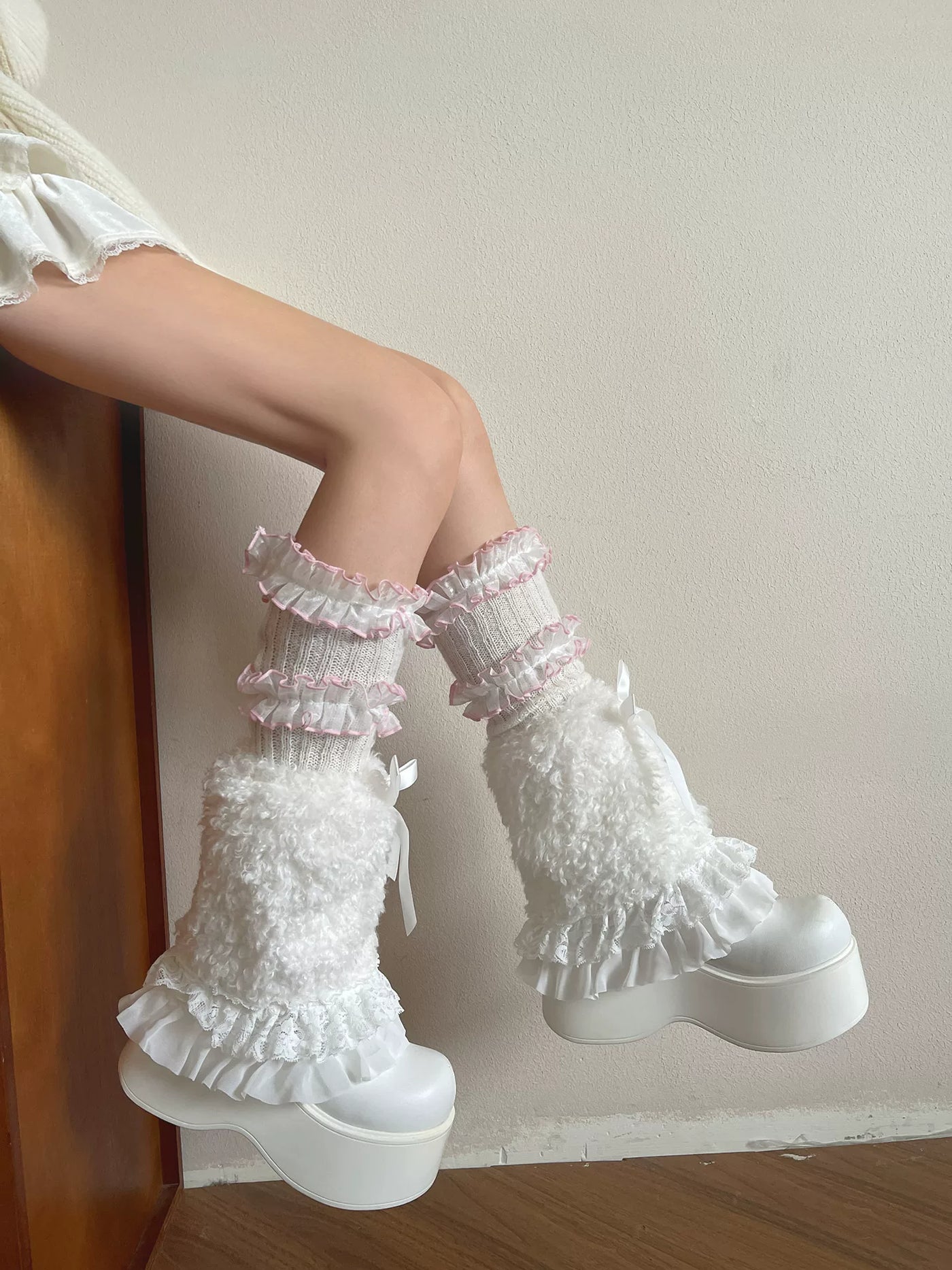 Sock Noble - Curly Fur Ruffle - Layered socks with lace ruffles and curly-fur cuffs