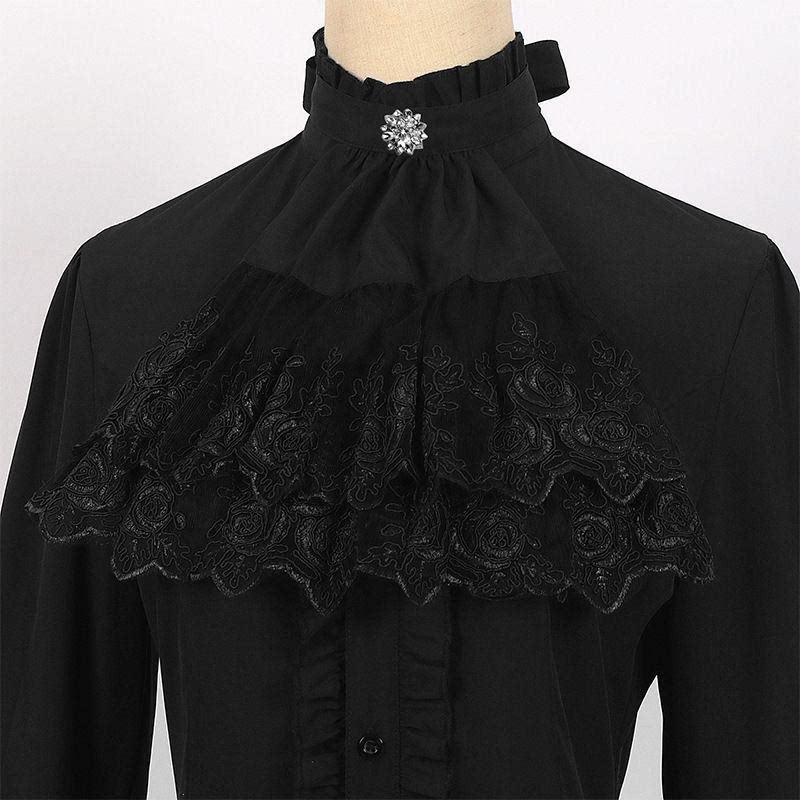 Sweetheart Dream Machine - Gothic Classic - Pleated Long-Sleeve Blouse with Lace Bib