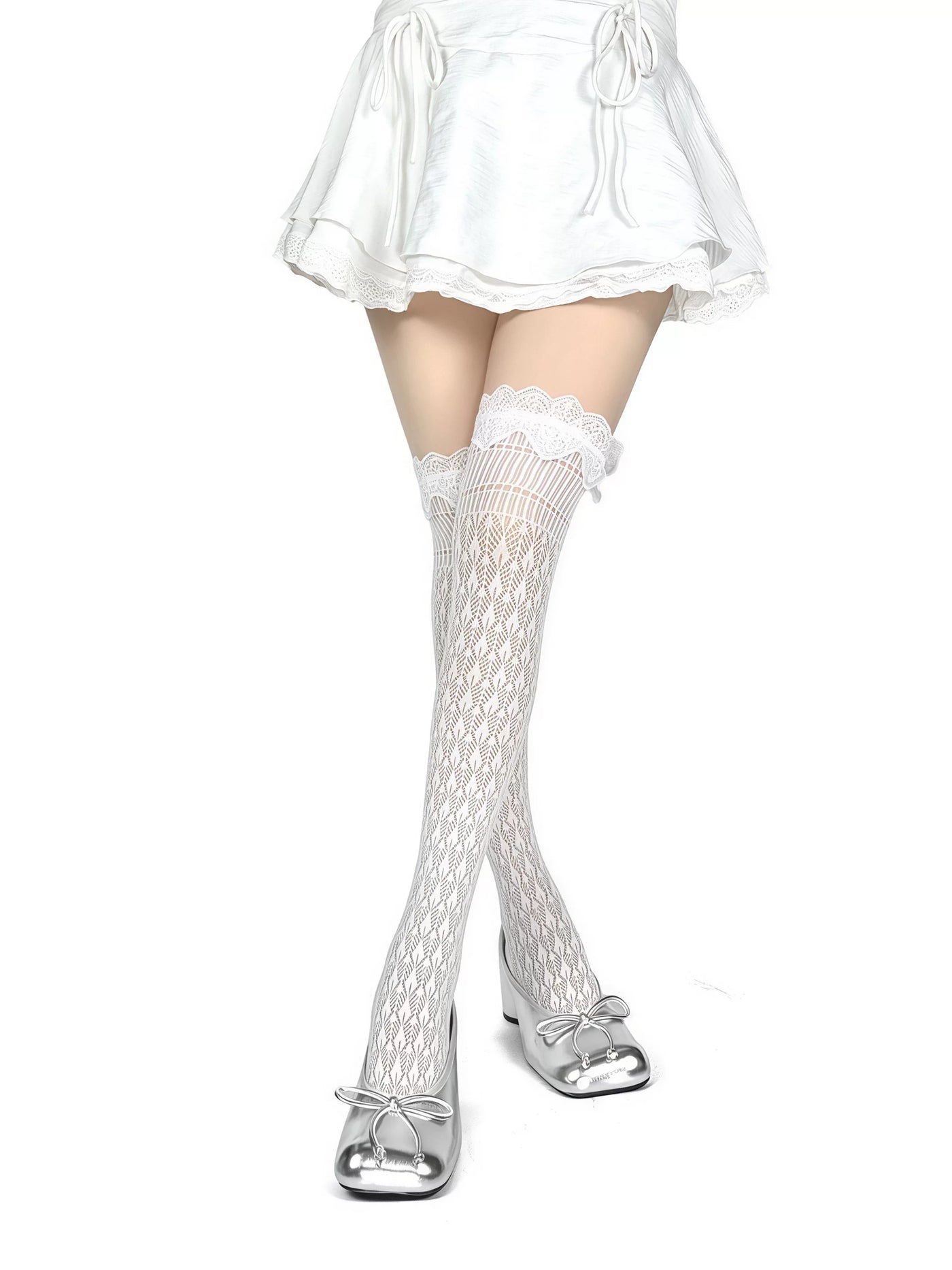 White Socks - Openwork Lace - Long Socks with Scalloped Lace Trim
