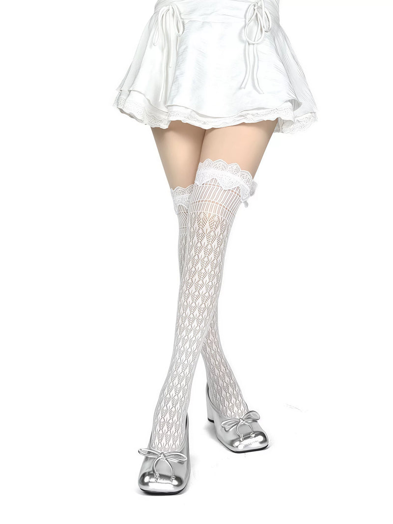 White Socks - Openwork Lace - Long Socks with Scalloped Lace Trim