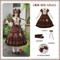 With PUJI - Whispers - Lolita OP Dress, Embroidery & Full Skirt - Hazelnut Brown 4-piece set (brown OP + belt + brooch + wishing star bow) Pre-sale, shipping starts Nov 6 / S