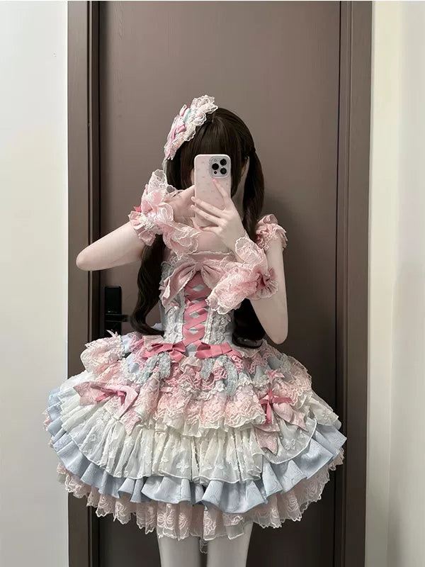 Creamy - Blue-Pink Ballet - JSK with Layered Ruffles and Bow Details