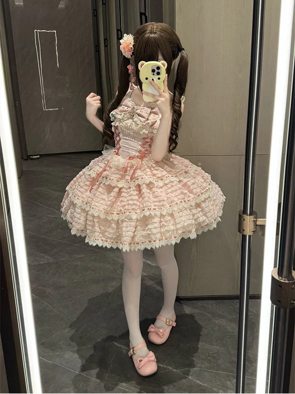 Creamy - Ballet Rose - Pink jumper skirt (JSK) with tiered ruffles and ribbon bows