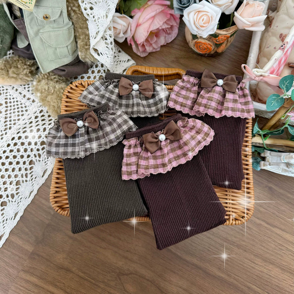 Floral Milk Cat Afternoon Sugar mid-calf socks in brown and pink plaid with bow cuffs