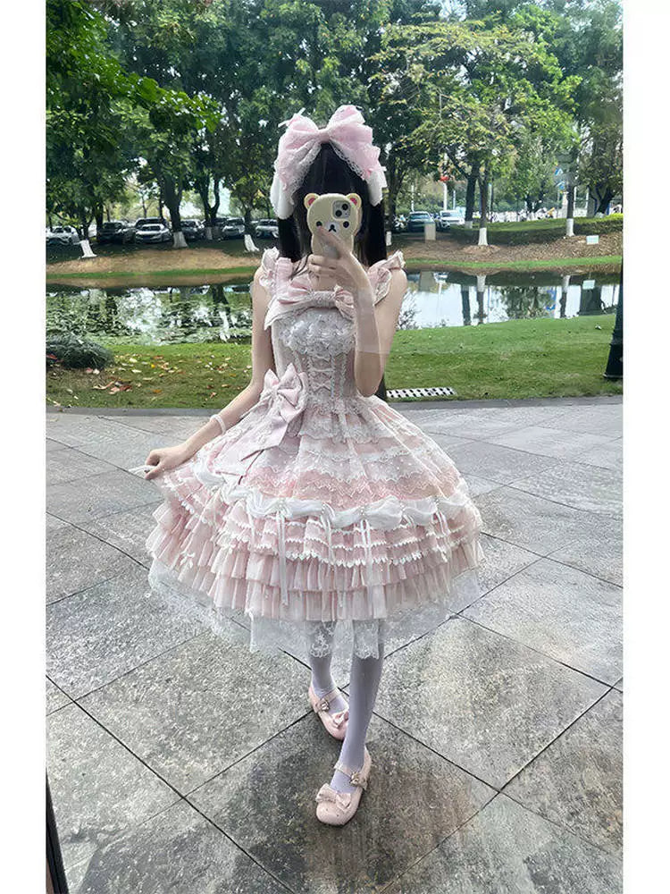 Creamy - Pink Princess - Pink Lace JSK with Side Clip and Waist Bow